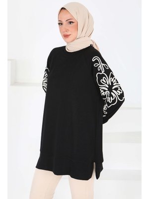 Siyah Kolları Nakış Detaylı Modal Tunik Siyah Kolları Nakış Detaylı Modal Tunik