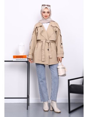 Taş Kruvaze Yaka Astarlı Kısa Trençkot Taş Kruvaze Yaka Astarlı Kısa Trençkot