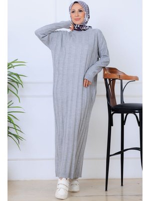 Gri Kendinden Çizgili Triko Elbise