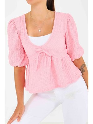 Pembe Buffle Kısa Kollu Bluz