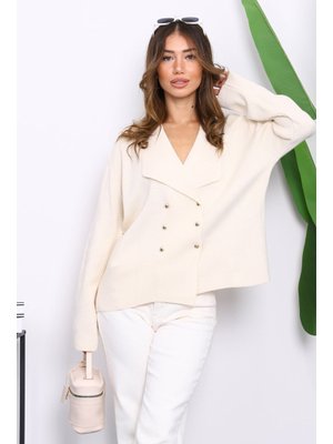 Krem Kruvaze Yaka Düğmeli Triko Hırka