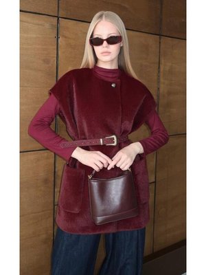 Bordo Oversize Tay Tüyü Yelek