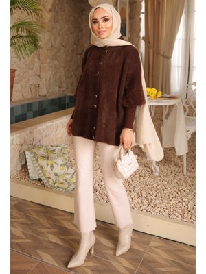 Kahverengi Dik Yaka Angora Yumoş Hırka