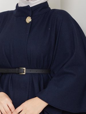 Kaşe Sarı Dügmeli Deri Kemerli Panço