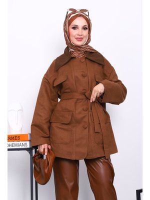 Taba Yaka Garnili Cepli Kuşaklı Trençkot