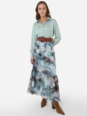 Mavi Desenli Soyut Büzgü Detaylı Etek