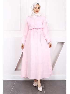 Açık Pembe Önü Büzgülü Müslin Elbise Açık Pembe Önü Büzgülü Müslin Elbise