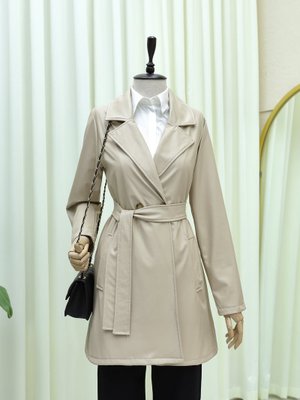 Krem Tek Düğmeli Cepli Belden Bağlamalı Deri Trençkot