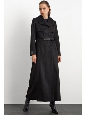 Siyah Mendil Yaka Taş Detaylı Süet Görünümlü Pardesü