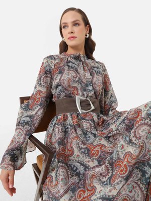 Şal Desenli Önü Patlı Şifon Elbise Yesil