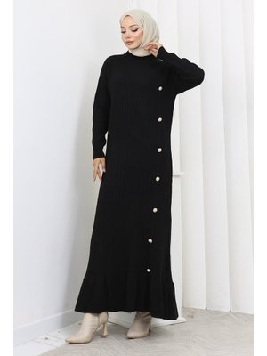 Siyah Yan Düğmeli Fırfırlı Elbise Siyah Yan Düğmeli Fırfırlı Elbise