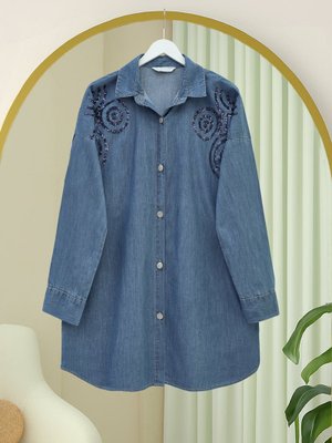 İndigo Önü Düğmeli Pul Payet Detaylı Kot Gömlek