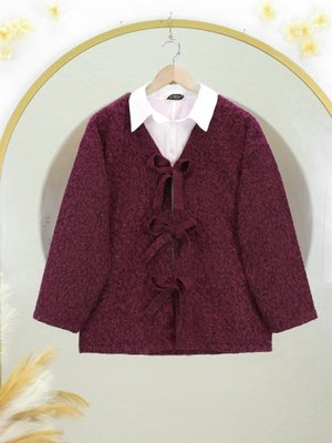 Bordo Önü Bağlamalı Kırçıllı Kaşe Ceket