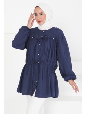 Lacivert Lacıvert Çiçek İnci Detaylı Tunik