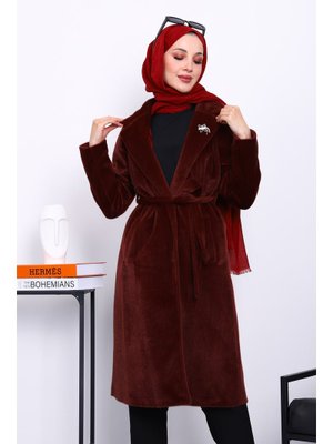 Bordo Kruvaze Yaka Cepli Angora Kaşe Kaban