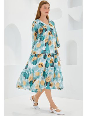 Mint Bej Desenli Kısa Kol Viskon Elbise