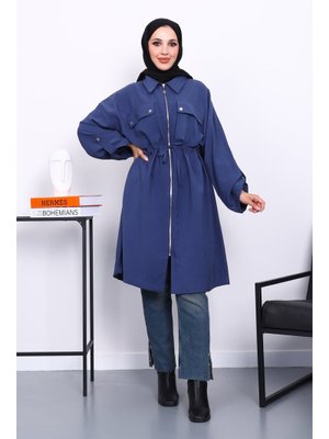 İndigo Bel Kuşaklı Çift Cepli Gabria Kap