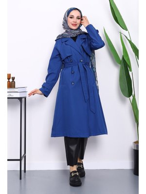 Saks Mavi Kravuze Yaka Bel Kemerli Düğmeli Trençkot Saks Mavi Kravuze Yaka Bel Kemerli Düğmeli Trençkot