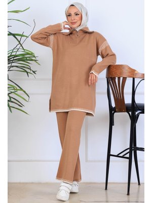 Vizon Yakası Fermuarlı Şerit Detay Triko Takım