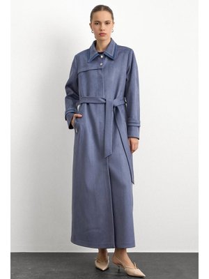 Mavi Gömlek Yaka İşleme Detaylı Süet Görünümlü Büyük Beden Pardesü