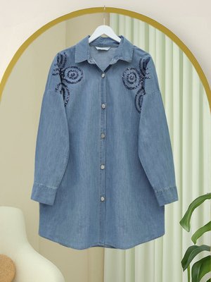 Açık Mavi Önü Düğmeli Pul Payet Detaylı Kot Gömlek