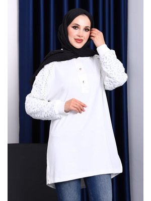 Ekru Taş İşlemeli Düğmeli Tunik Ekru Taş İşlemeli Düğmeli Tunik