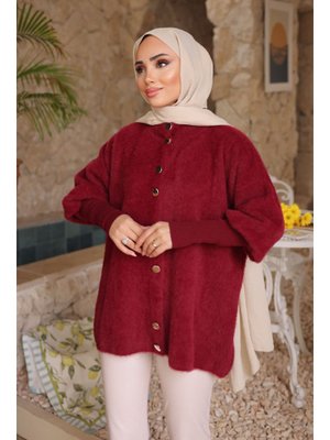 Bordo Dik Yaka Angora Yumoş Hırka