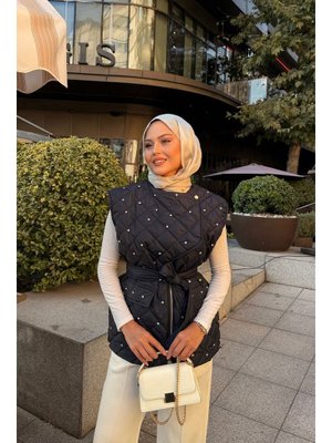 Lacivert Taş Detaylı Kapitone Yelek