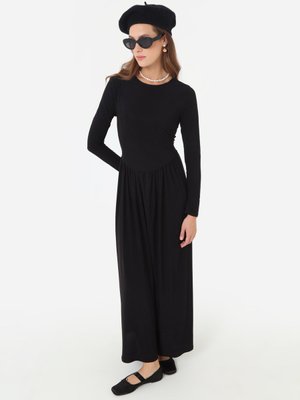 Siyah Sandy Kumaşlı Beli Korse Detaylı Elbise