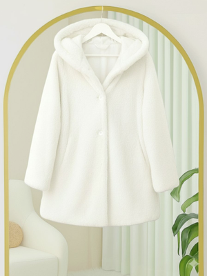 Beyaz Kapüşonlu Önü Düğmeli Astarlı Peluş Kaban