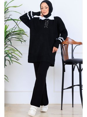 Siyah Taş İşlemeli Triko Takım