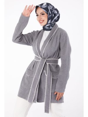 Grı Gri Ara Biye Detaylı Kaşe Kaban