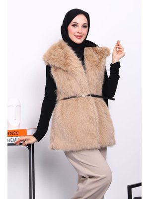 Bisküvi Astarlı Kemerli Kürk Yelek