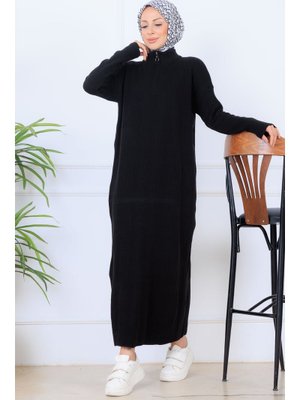 Siyah Fitilli Triko Elbise