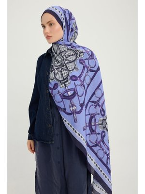 70x190 Cm Süvarinin Arması Mavi Vierra Desenli Viskon Şal