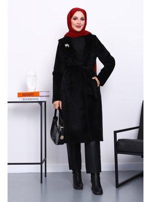 Siyah Kruvaze Yaka Cepli Angora Kaşe Kaban