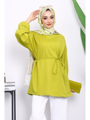 Yağ Yeşili Yanları Yırtmaçlı Bel İpli Tunik Yağ Yeşili Yanları Yırtmaçlı Bel İpli Tunik