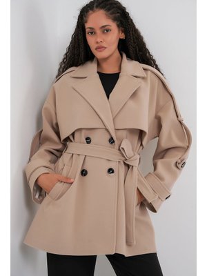 Bej Kuşaklı Oversize Kaşe Kaban