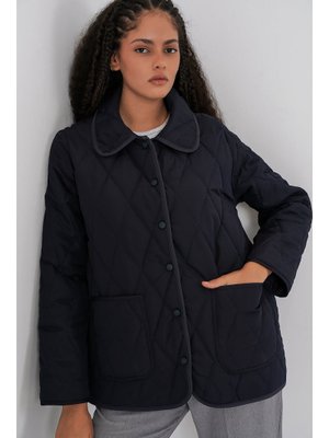 Lacivert Kapitone Oversize Mont