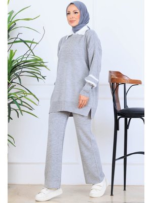 Gri Taş İşlemeli Triko Takım