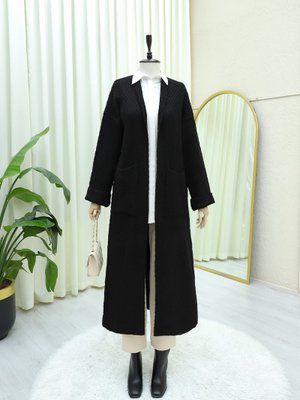 Siyah Çift Cepli Uzun Triko Hırka