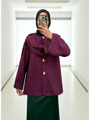 Mürdüm Şal Detaylı Kışlık Keçe Ceket