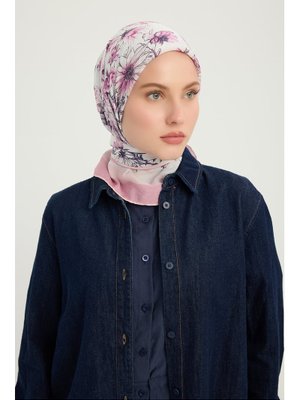 90x90 Cm Sessiz Botanik Pudra Vierra Desenli Viskon Eşarp