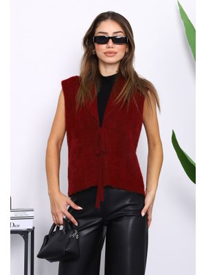 Bordo Ön Bağlamalı Kısa Angora Yumoş Yelek Bordo Ön Bağlamalı Kısa Angora Yumoş Yelek