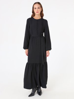 Siyah Brit Düğmeli Nervür Detaylı Elbise Siyah Brit Düğmeli Nervür Detaylı Elbise