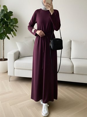 Mürdüm Yuvarlak Yaka Beli Bağlamalı Oysho Elbise