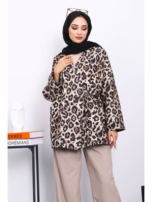Vizon Etnik Desenli Yan Bağlamalı Kimono Ceket