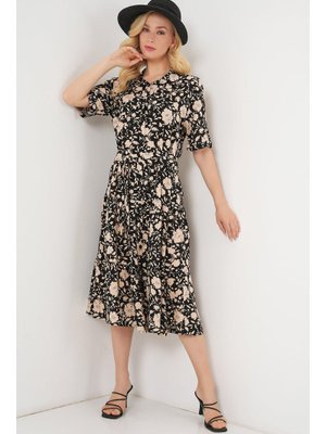 Siyah Kısa Kol Desenli Elbise