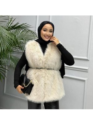 Astarlı Kemerli Rahat Kalıp Kürk Krem Yelek