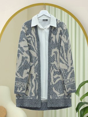 İndigo Desenli Salaş Triko Hırka